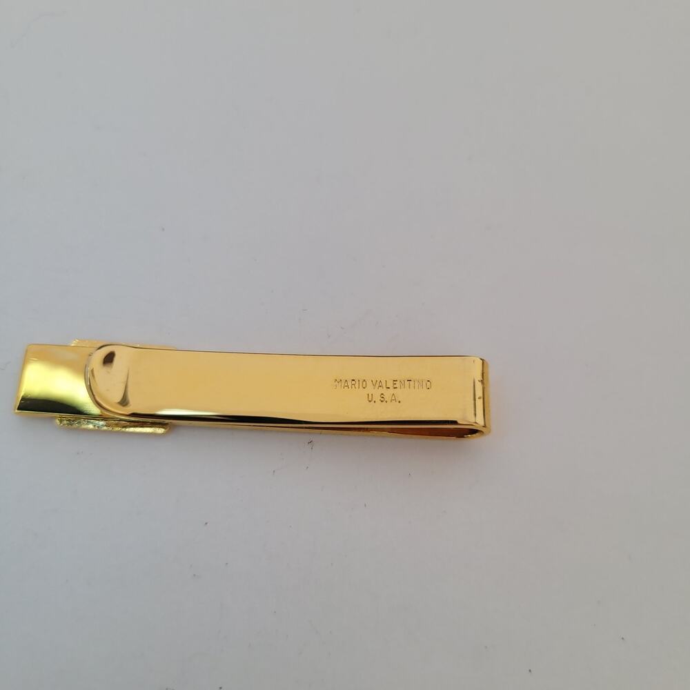 Mario Valentino MV USA Vintage Tack Tie Clasp Clip Bar Gold Black Retro Logo - Picture 5 of 6